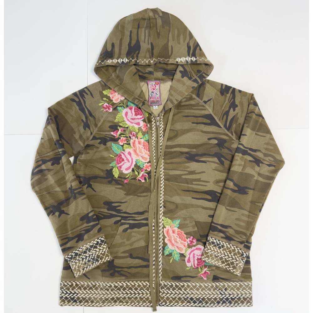 Johnny Was JWLA Camo Full Zip Hoodie Floral Embroidered Jacket Sweatshirt PM